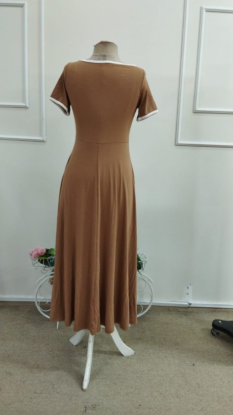 Rochie midi din viscoză cu mânecă scurtă și guler rotund pentru femei, cu dungi albe, 34405