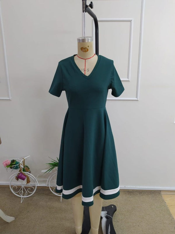 Rochie midi din crep cu mânecă scurtă, decolteu în V și tiv bordat pentru femei, 34407