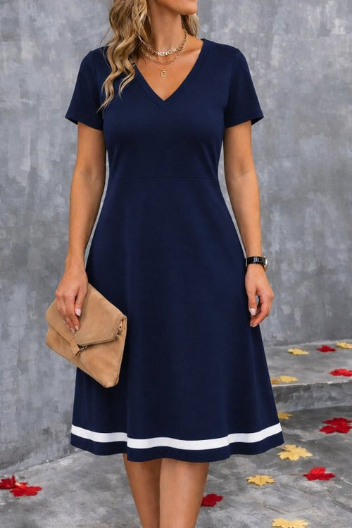 Rochie midi din crep cu mânecă scurtă, decolteu în V și tiv bordat pentru femei, 34409