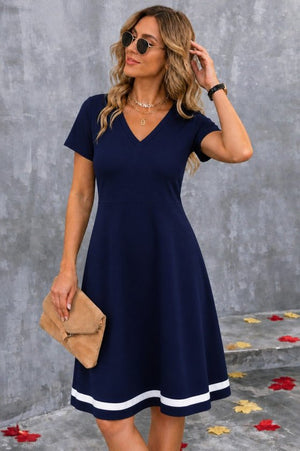 Rochie midi din crep cu mânecă scurtă, decolteu în V și tiv bordat pentru femei, 34409