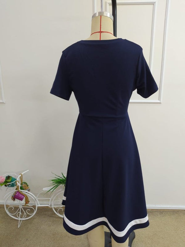 Rochie midi din crep cu mânecă scurtă, decolteu în V și tiv bordat pentru femei, 34409