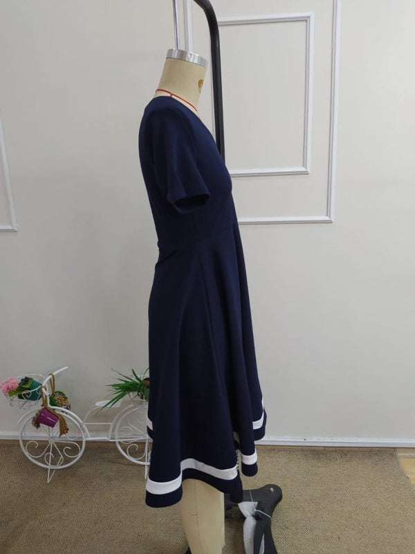 Rochie midi din crep cu mânecă scurtă, decolteu în V și tiv bordat pentru femei, 34409