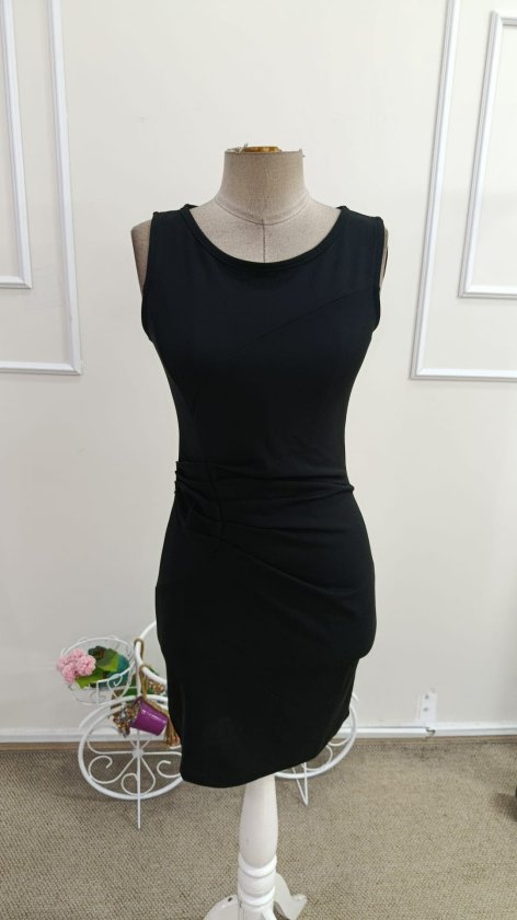 Rochie scurtă din crep importat, cu guler înalt și bretele, plisată în față, pentru femei, 34464
