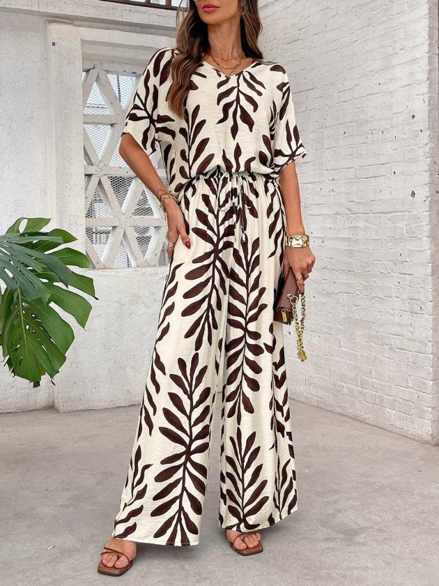 Kadın Kısa Kollu V Yakalı Desenli Aerobin Bluz Ve Pantolon Ikili Takım, 34529