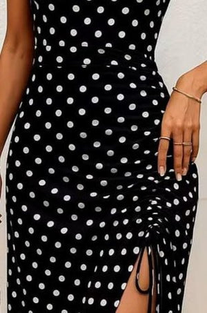 Rochie midi din crep tricotat, cu buline, decolteu în V și bretele, cu încrețituri laterale, pentru femei, 34551