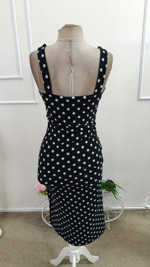 Rochie midi din crep tricotat, cu buline, decolteu în V și bretele, cu încrețituri laterale, pentru femei, 34551