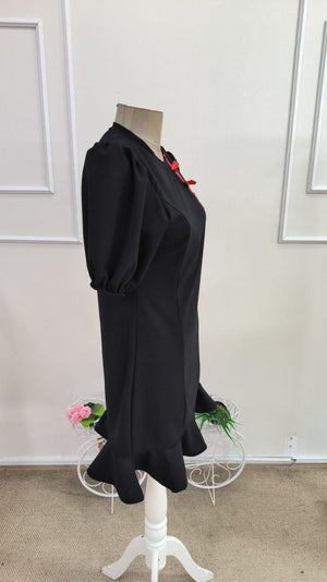 Rochie scurtă din crep importat, cu mânecă scurtă, guler mandarin și detalii florale, pentru femei, 34577