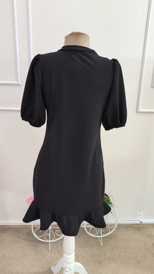 Rochie scurtă din crep importat, cu mânecă scurtă, guler mandarin și detalii florale, pentru femei, 34577