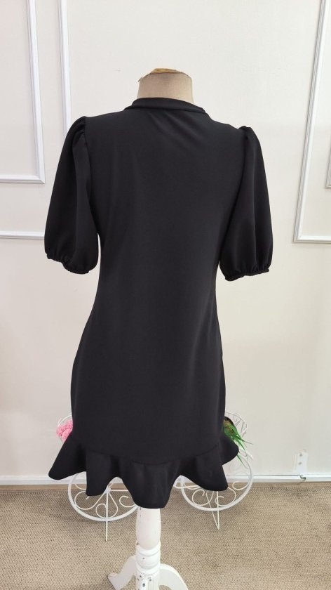 Rochie scurtă din crep importat, cu mânecă scurtă, guler mandarin și detalii florale, pentru femei, 34577