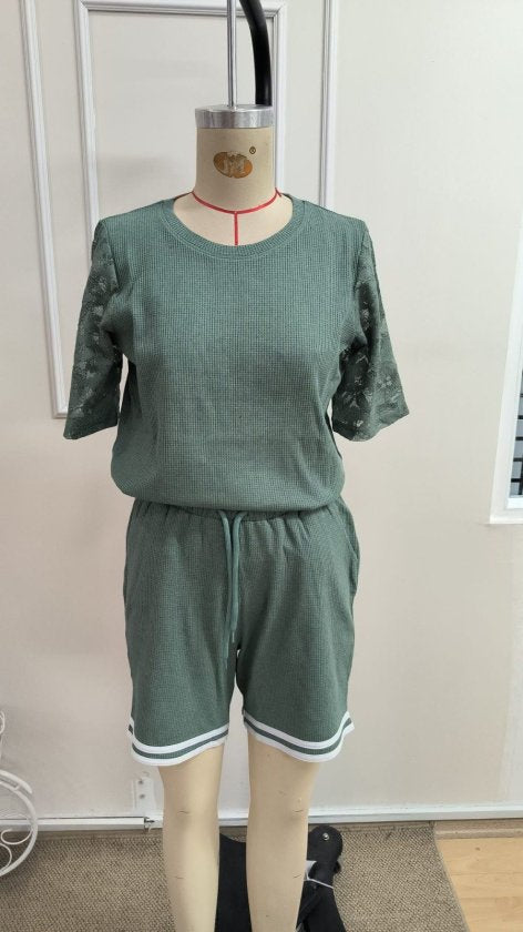 Kadın Kısa Kollu Bisiklet Yakalı Waffle Bluz Ve Short Ikili Takım, 34607