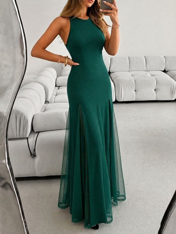 Rochie lungă din crep importat, asimetrică, cu guler rotund și bretele, cu tiv din tul, 34801