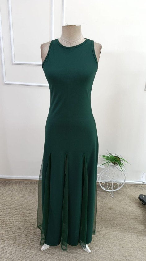 Rochie lungă din crep importat, asimetrică, cu guler rotund și bretele, cu tiv din tul, 34801