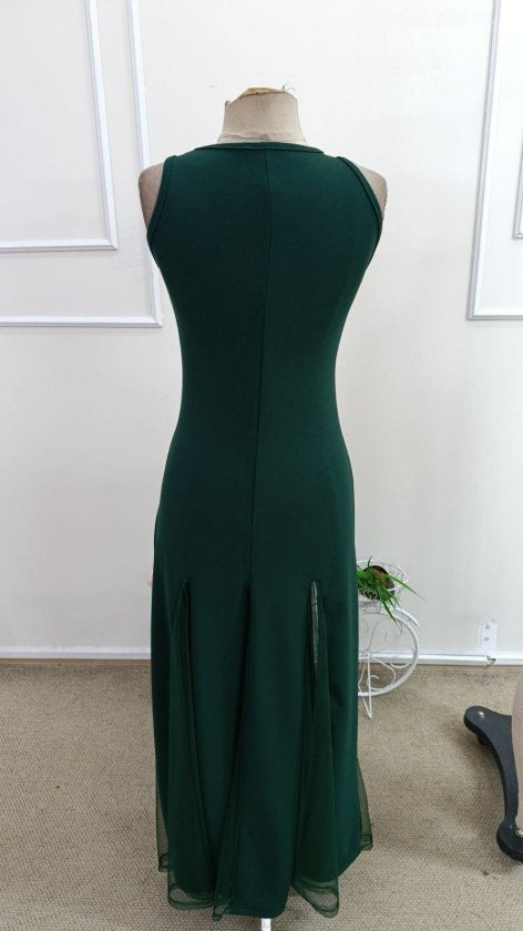 Rochie lungă din crep importat, asimetrică, cu guler rotund și bretele, cu tiv din tul, 34801