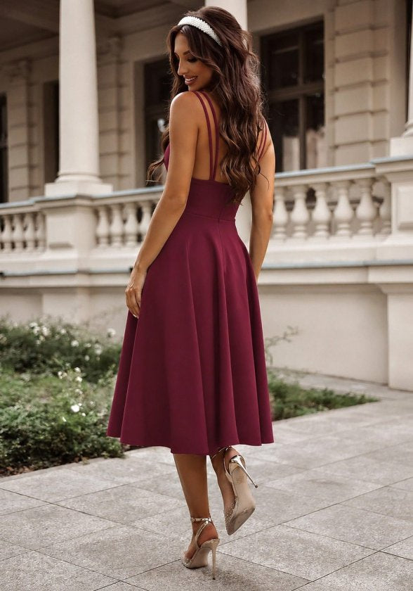 Rochie midi din crep strălucitor, cu decolteu înfășurat și bretele, pentru femei, 34626