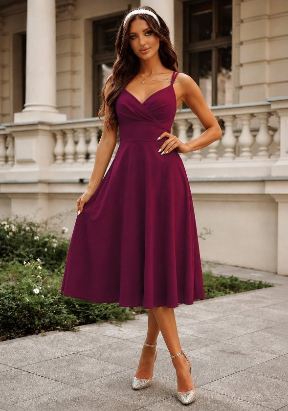 Rochie midi din crep strălucitor, cu decolteu înfășurat și bretele, pentru femei, 34626