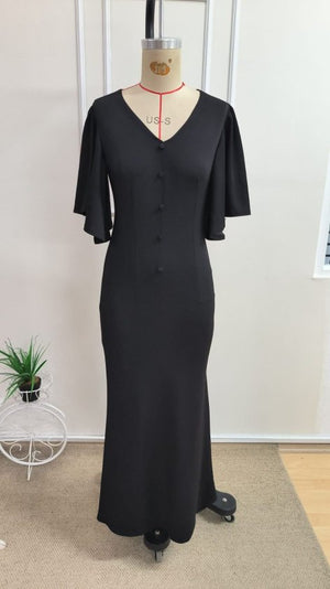 Rochie lungă din crep strălucitor, cu mânecă scurtă, decolteu în V și detalii cu volane, pentru femei, 34652