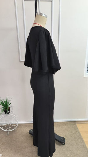 Rochie lungă din crep strălucitor, cu mânecă scurtă, decolteu în V și detalii cu volane, pentru femei, 34652