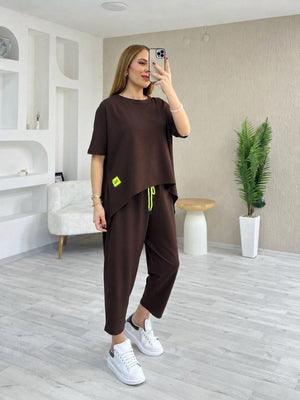 Kadın Kısa Kollu Bisiklet Yaka Viskon Iki Iplik Bluz Ve Pantolon Ikili Takım , 34665