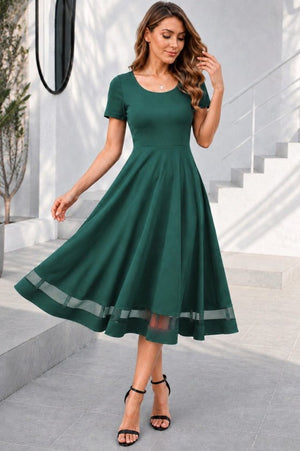 Rochie midi din crep strălucitor, cu mânecă scurtă și decolteu rotund, pentru femei, cu detalii din tul, 34682