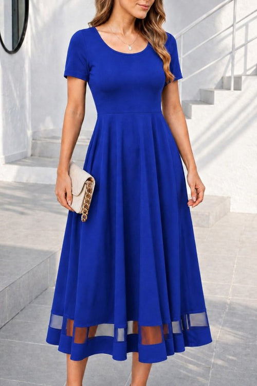 Rochie midi din crep strălucitor, cu mânecă scurtă și decolteu rotund, pentru femei, cu detalii din tul, 34683