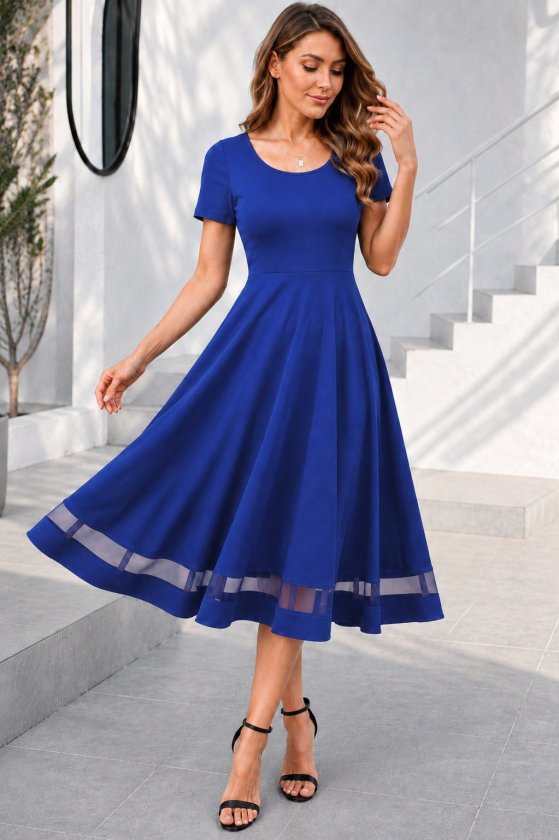Rochie midi din crep strălucitor, cu mânecă scurtă și decolteu rotund, pentru femei, cu detalii din tul, 34683