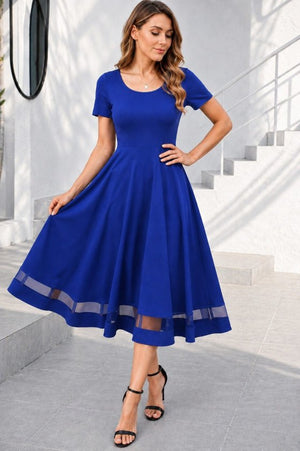 Rochie midi din crep strălucitor, cu mânecă scurtă și decolteu rotund, pentru femei, cu detalii din tul, 34683