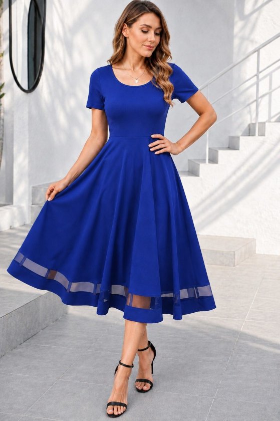 Rochie midi din crep strălucitor, cu mânecă scurtă și decolteu rotund, pentru femei, cu detalii din tul, 34683