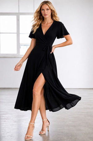Rochie midi din viscoză pentru femei, cu mânecă scurtă, decolteu înfășurat, cu curea și crăpătură, 34687