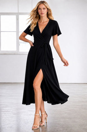 Rochie midi din viscoză pentru femei, cu mânecă scurtă, decolteu înfășurat, cu curea și crăpătură, 34687