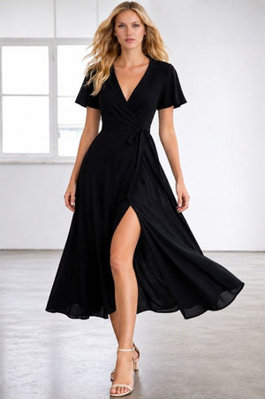 Rochie midi din viscoză pentru femei, cu mânecă scurtă, decolteu înfășurat, cu curea și crăpătură, 34687