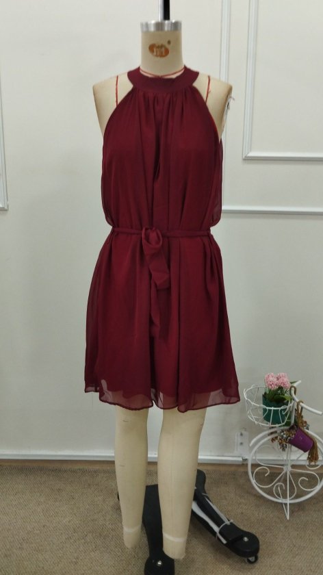 Rochie scurtă din șifon pentru femei, cu guler înalt și curea, cu umerii goi, 34711