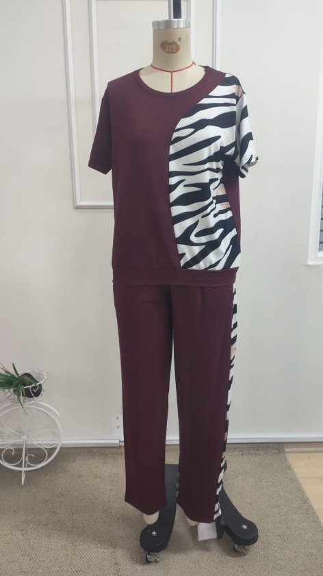 Set de două piese pentru femei, bluză și pantaloni cu guler rotund și imprimeu zebră, 34729