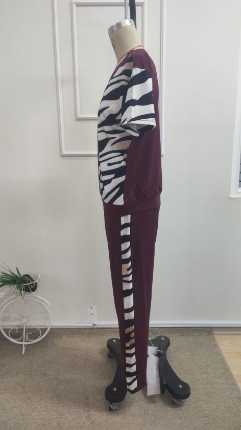 Set de două piese pentru femei, bluză și pantaloni cu guler rotund și imprimeu zebră, 34729