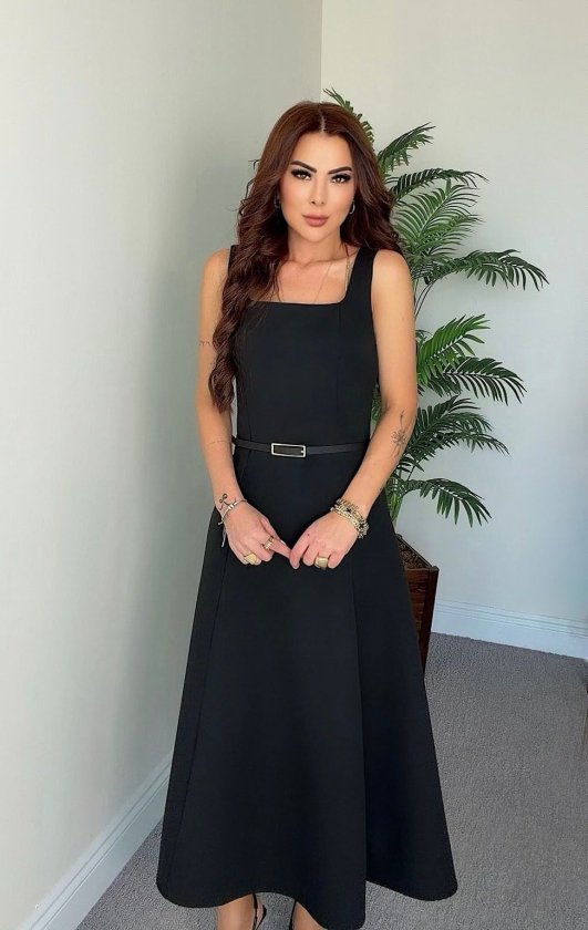Rochie lungă din crep importat, fără curea, cu bretele, decolteu pătrat, cu bretele, din linie A, 34749