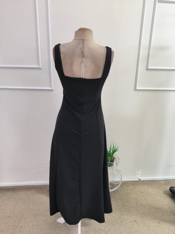Rochie lungă din crep importat, fără curea, cu bretele, decolteu pătrat, cu bretele, din linie A, 34749