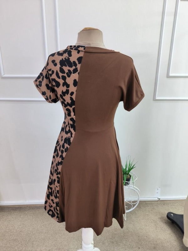 Rochie scurtă din viscoză pentru femei, cu mânecă scurtă, decolteu în V și detaliu leopard pe o parte, 34818