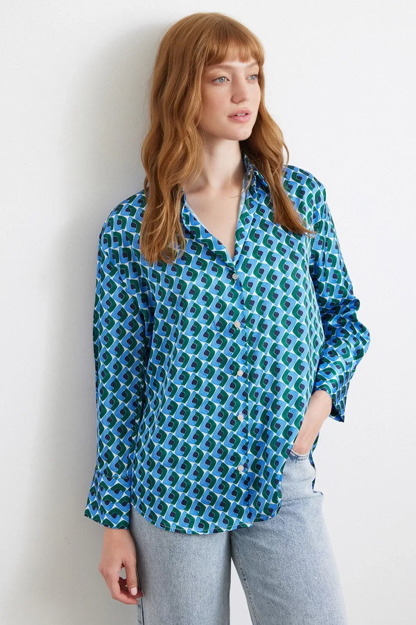 Geometrik Desenli Saten Gömlek - Mavi