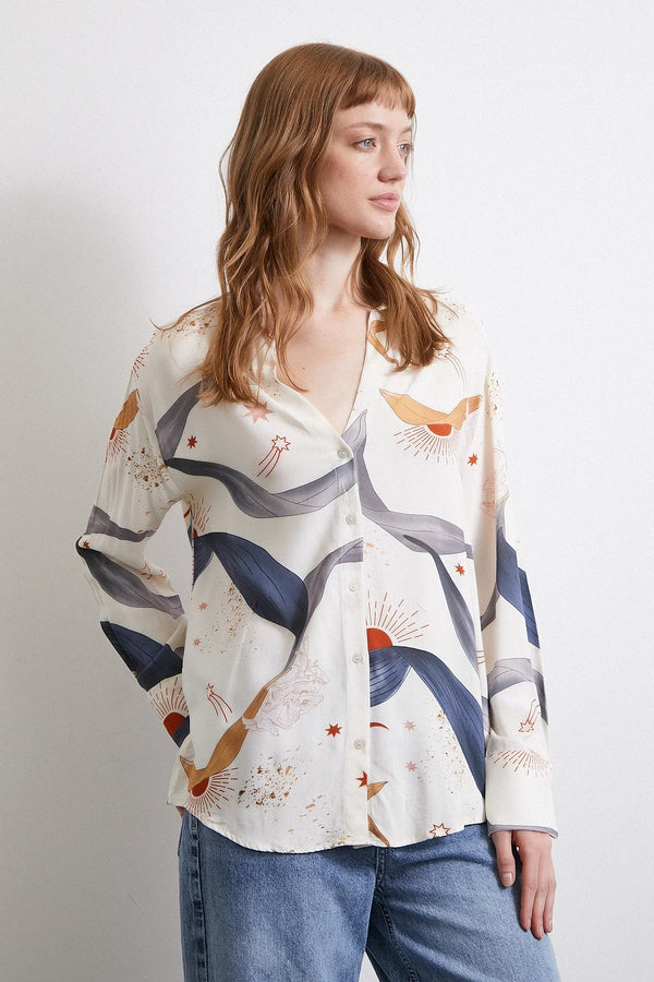 V Yakalı Desenli Gömlek - Ekru