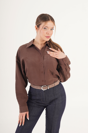 Çizgili Dökümlü Toptan Kahve Gömlek Kahverengi S