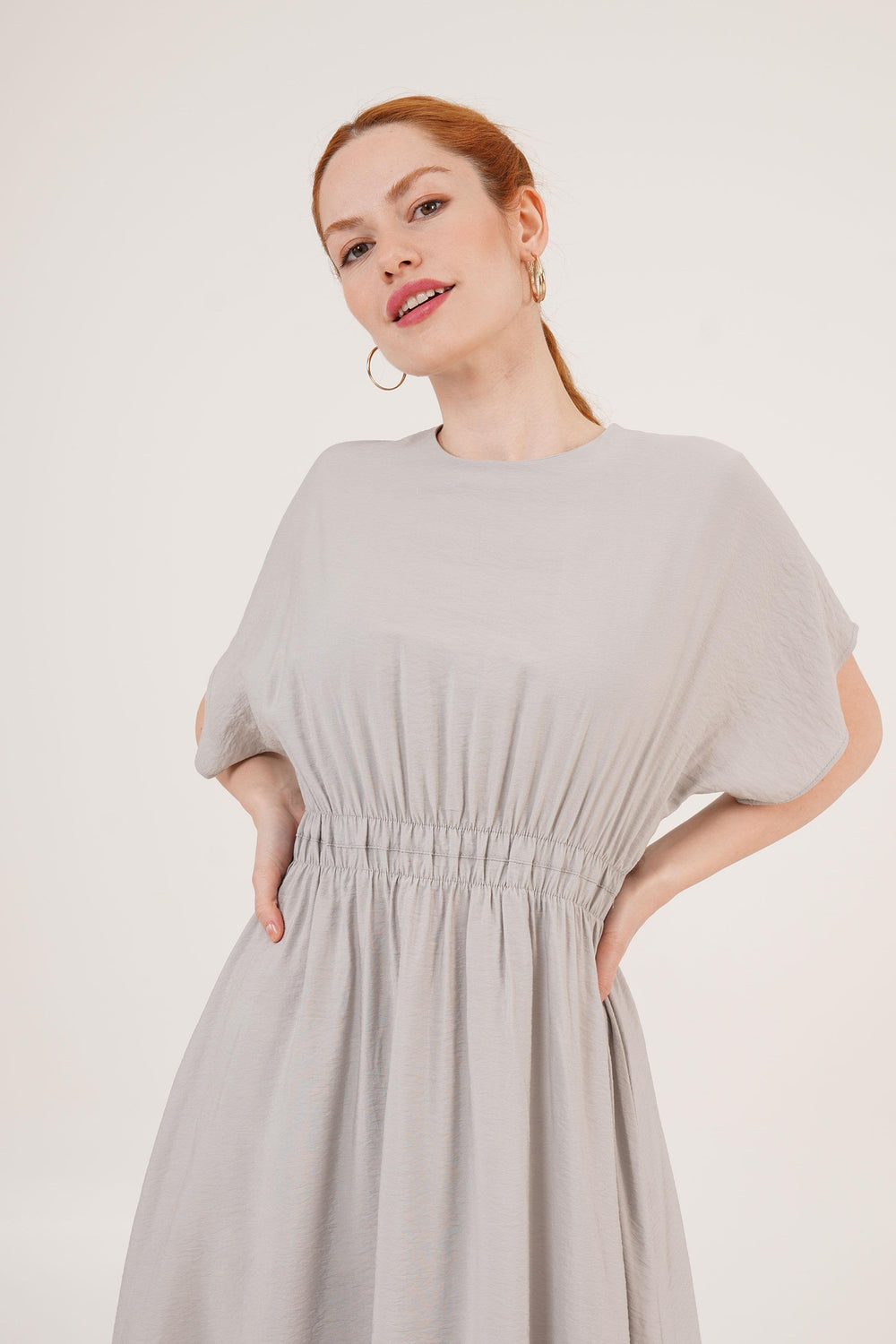 Bel Lastikli Yarasa Kol Maxi Toptan Gri Elbise Gri S