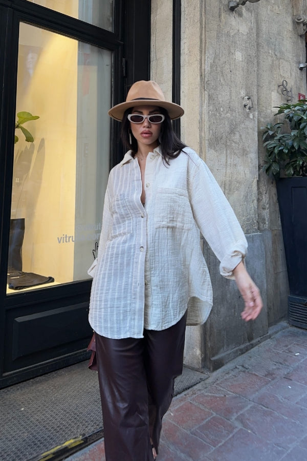 Çizgili Garnili Oversize Gömlek 6206
