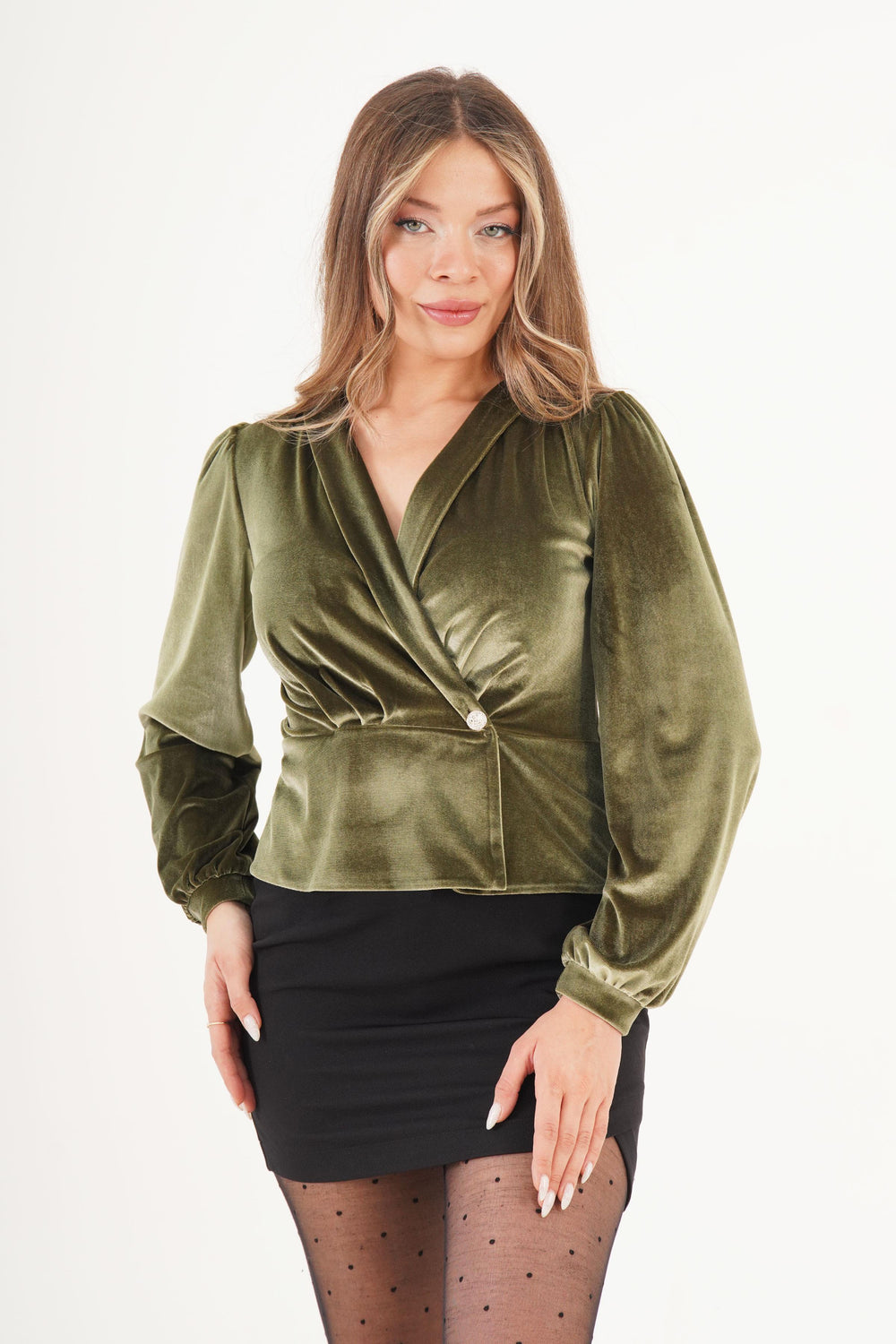 V Yaka Haki Kadife Toptan Bluz Haki S