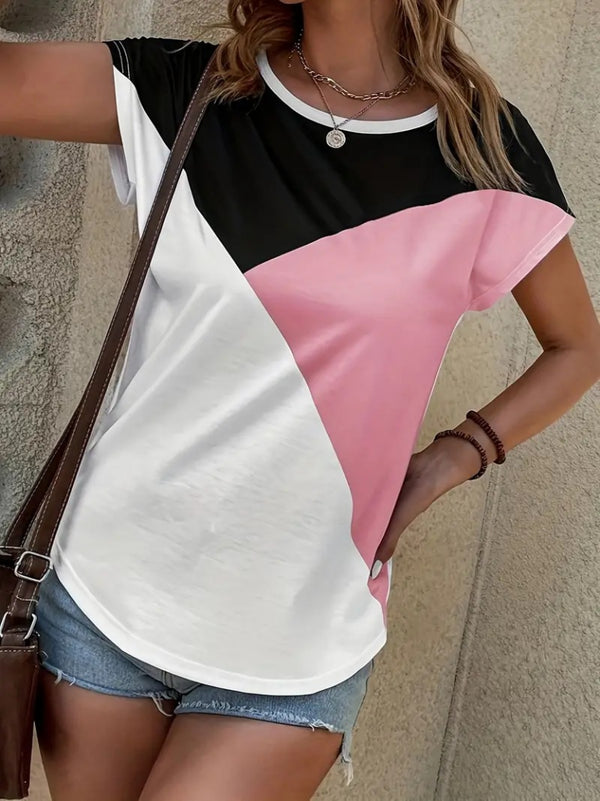 Kadın Bisiklet Yaka üç Renk Viskon T-shirt , 17652