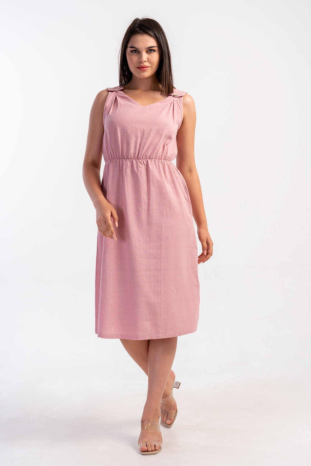 KADIN KIBRIS OMUZLARI APOLETLI ISLEVSIZ DUGMELI PILILI BEL LASTIKLI KOLSUZ DIZ USTU ELBISE