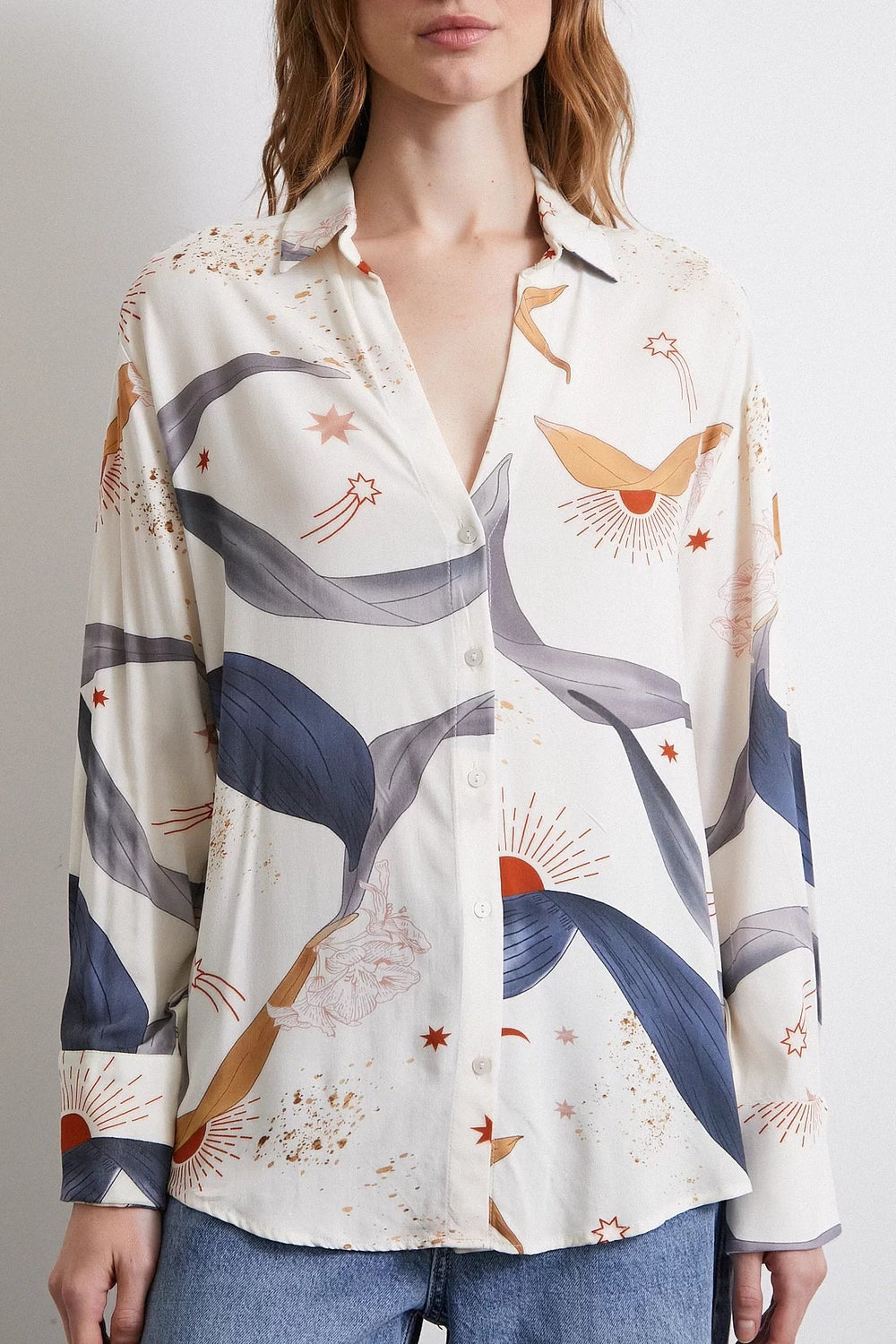 V Yakalı Desenli Gömlek - Ekru