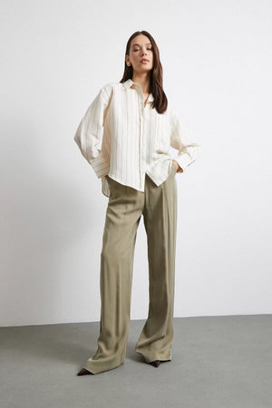 Kontrast Çizgili Modal Gömlek - Haki