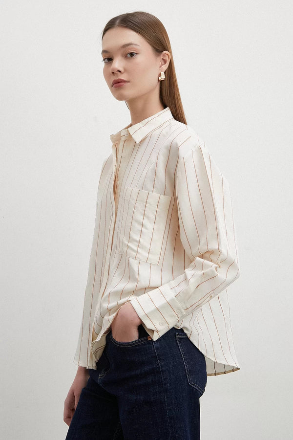 Kontrast Çizgili Modal Gömlek - Kahve