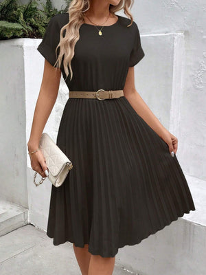 Rochie scurtă din crep importat, cu mânecă scurtă, decolteu deschis, talie elastică, plisată, pentru femei, 31206