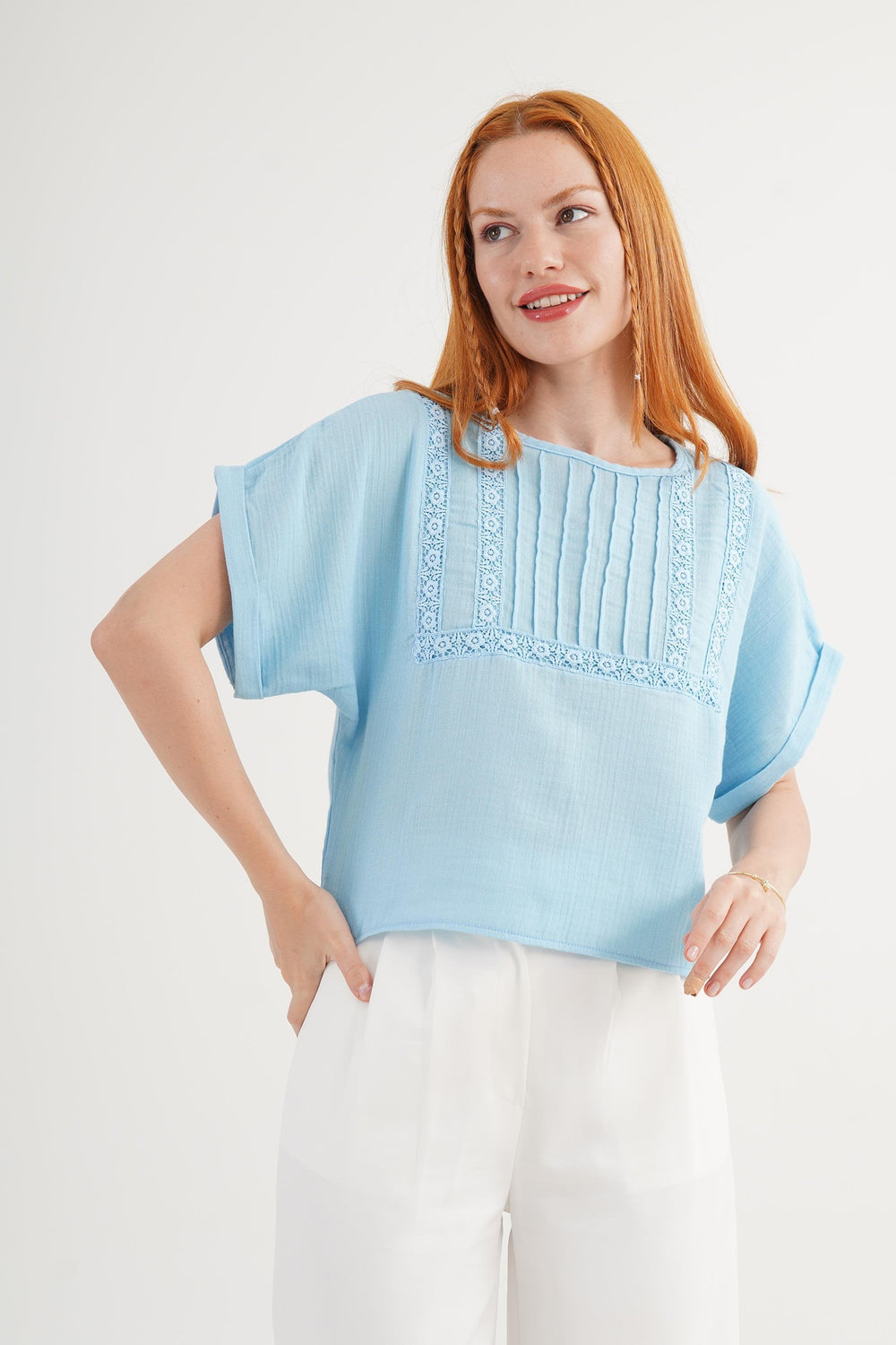 Ön Dantel Detaylı Toptan Mavi Bluz Mavi S