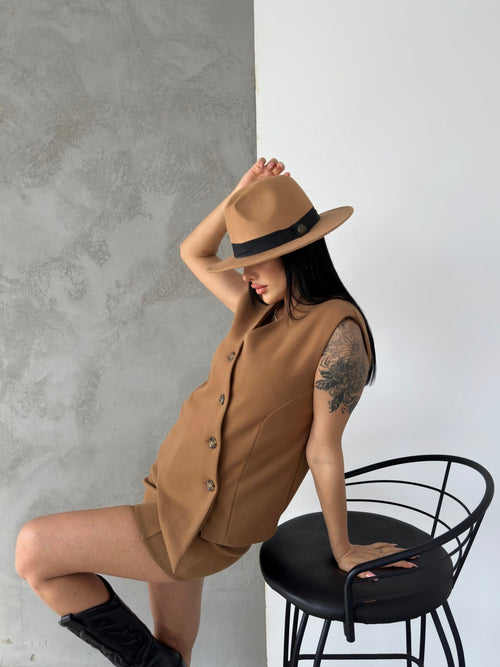 Vizon Kaşe Kruvaze Oversize Yelek Etek Takım